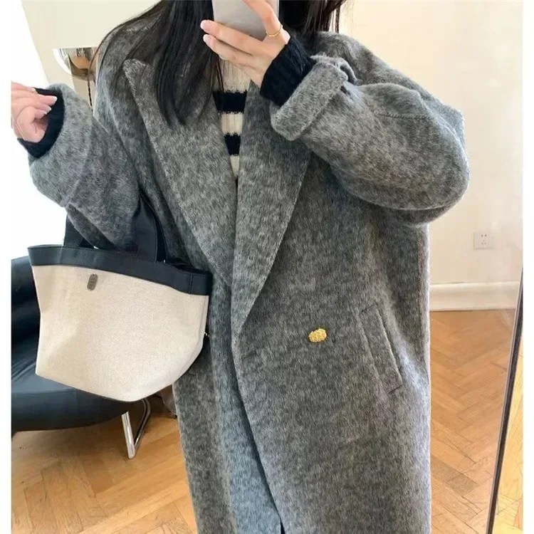 

Spot double-sided cashmere coat women's extended suit collar turned sleeve popular silk rabbit velvet loose wide version factory