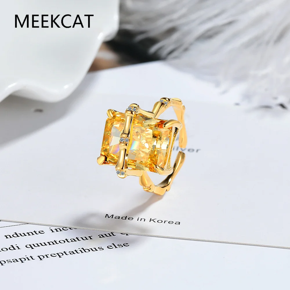 Emerald Cut Natural Yellow Citrine 925 Sterling Silver Bamboo Joint Ring for Women Rectangle Gemstone Statement Jewelry Gift