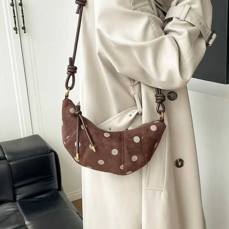 Brown Suede Polka Dot Hobo Bag for Women Retro Knotted Strap Shoulder Purse with Zipper Closure Casual Daily Travel Handbag