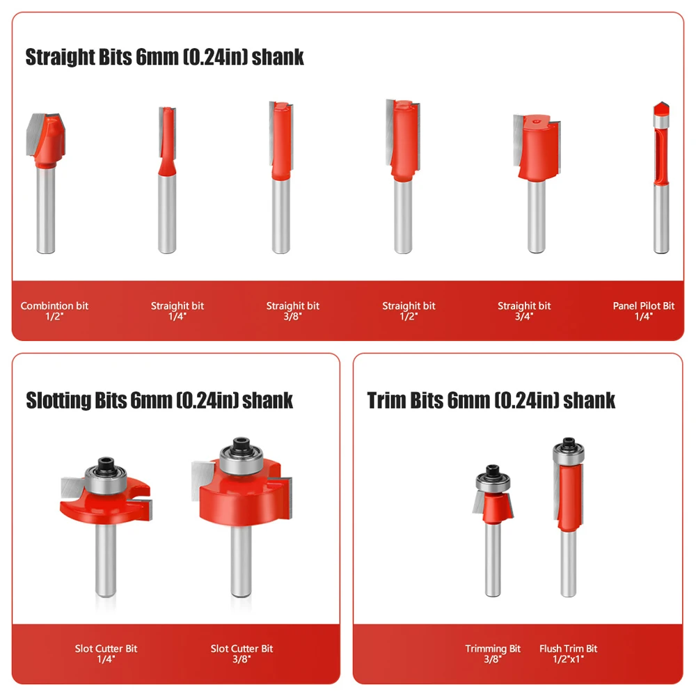 24pcs Milling Cutter 6mm Shank Trimming Machine Fillet Chamfer Slotting Cutter Router Bit Set Carpentry Woodworking Tool