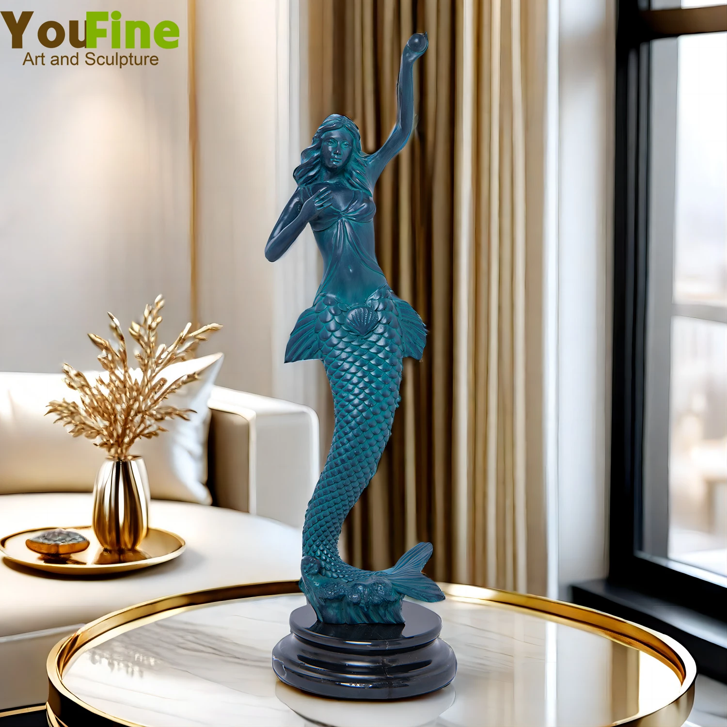 50cm rzeźba syrenka z brązu elegancka gorąca syrenka statua z bronzu z marmurowa podstawa do wystrój sztuka dla domu kolekcjonerskich