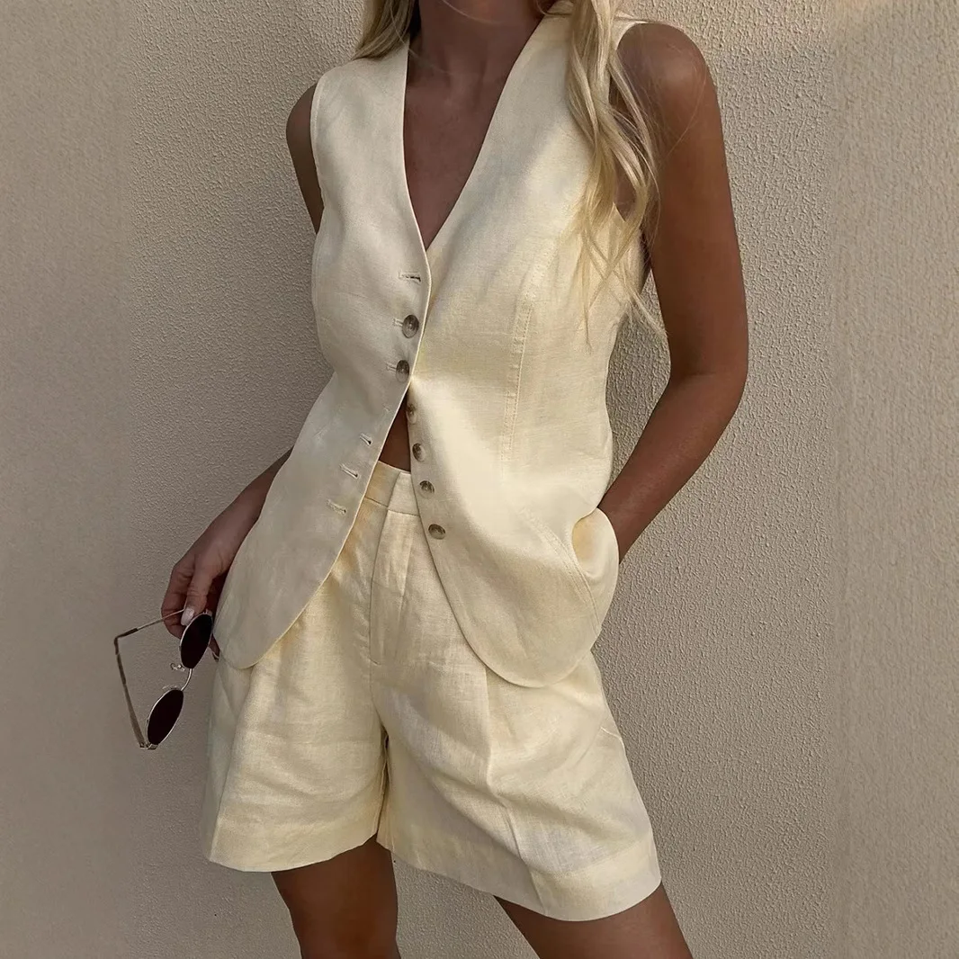 Wolfeel Cotton linen Chic Casual Vest Shorts Set Women's Fashion Commuter Sleeveless Tank Top Loose Shorts Suits Summer New