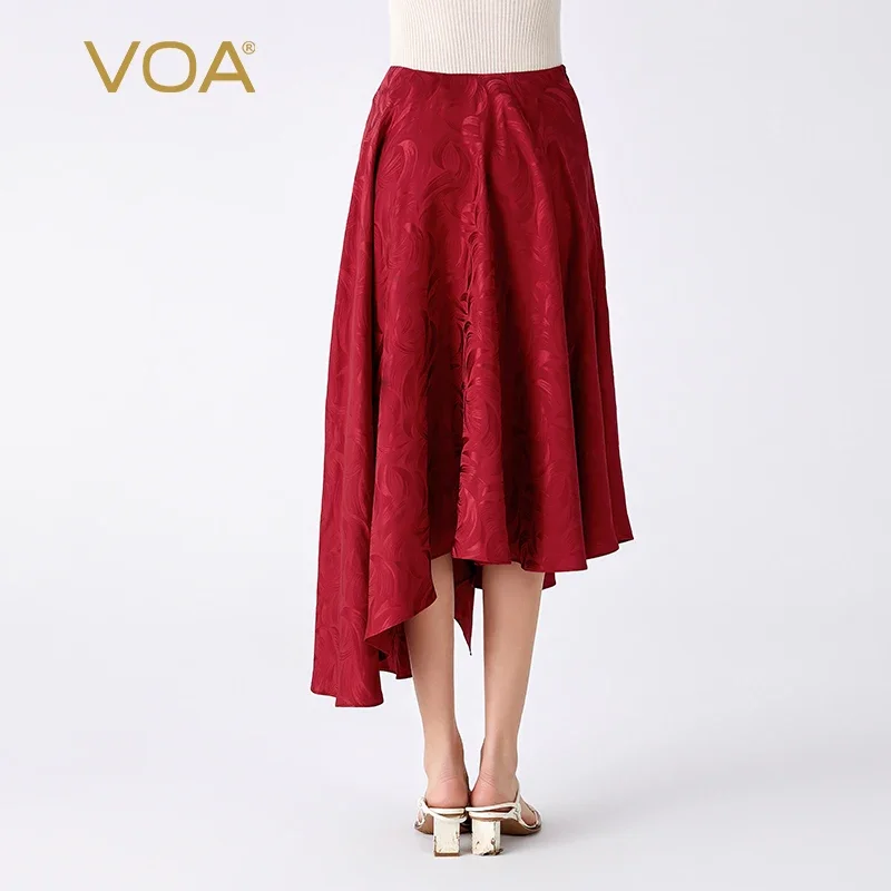 VOA 100% Mulberry Silk Crescent Jacquard Natural Waist Wine Red Skirts Large Swing Versatile Simple Zippered Silk Skirt CE207