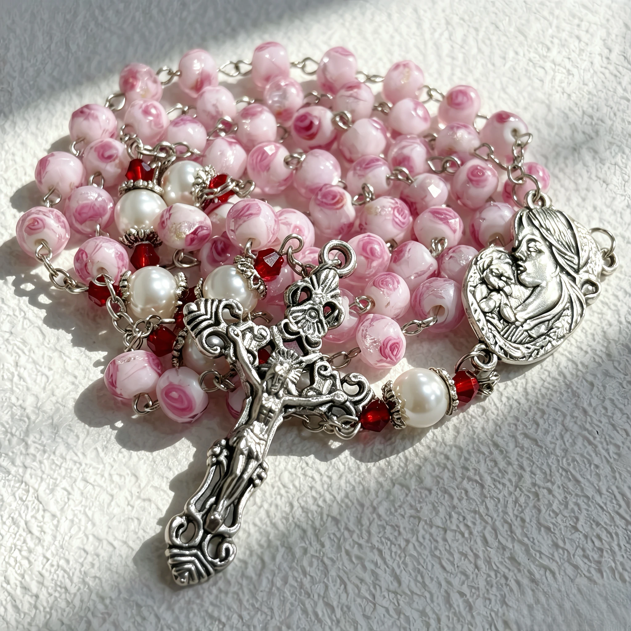 1PC Pink Rose Glass Beads Catholic Rosary with Virgin Mary Medal And Crucifix - Prayer Necklace Religious Jewelry for Church Gif