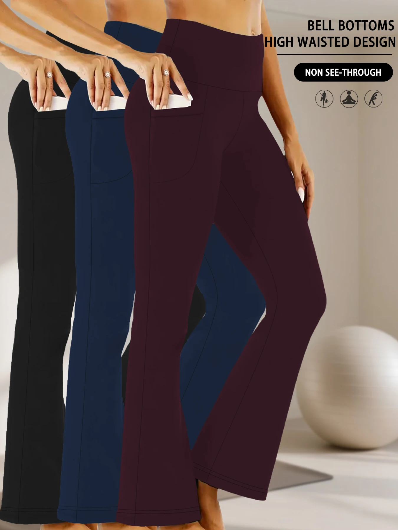 3er-Pack superweiche Flare-Leggings für Damen mit Taschen, hoher Taille, Bauchkontrolle, Workout, Yoga, Push-Up, Fitnessstudio, Fitness, Schlaghose