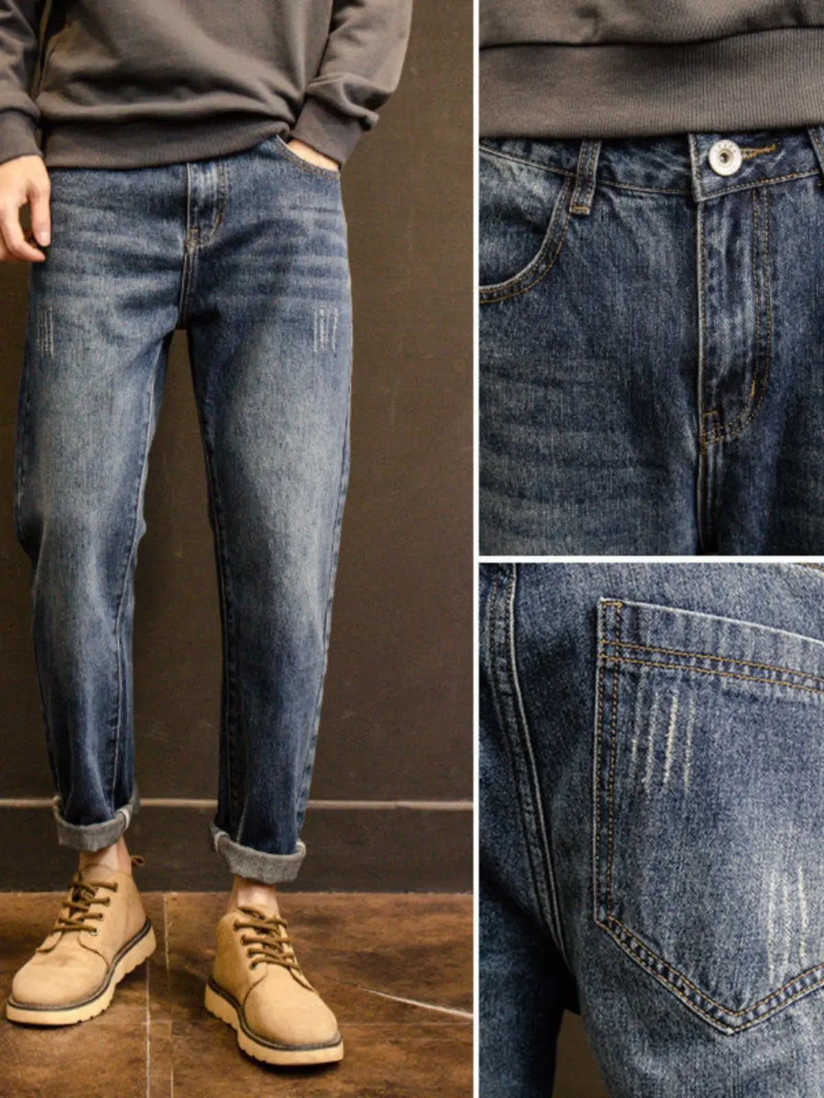 المراجعات الكورية العديد من السراويل الرجالية الجينز الربيع والخريف فضفاض مستقيم الحريم بسيط القط ويسكي مصمم السراويل الطويلة غير رسمية #5