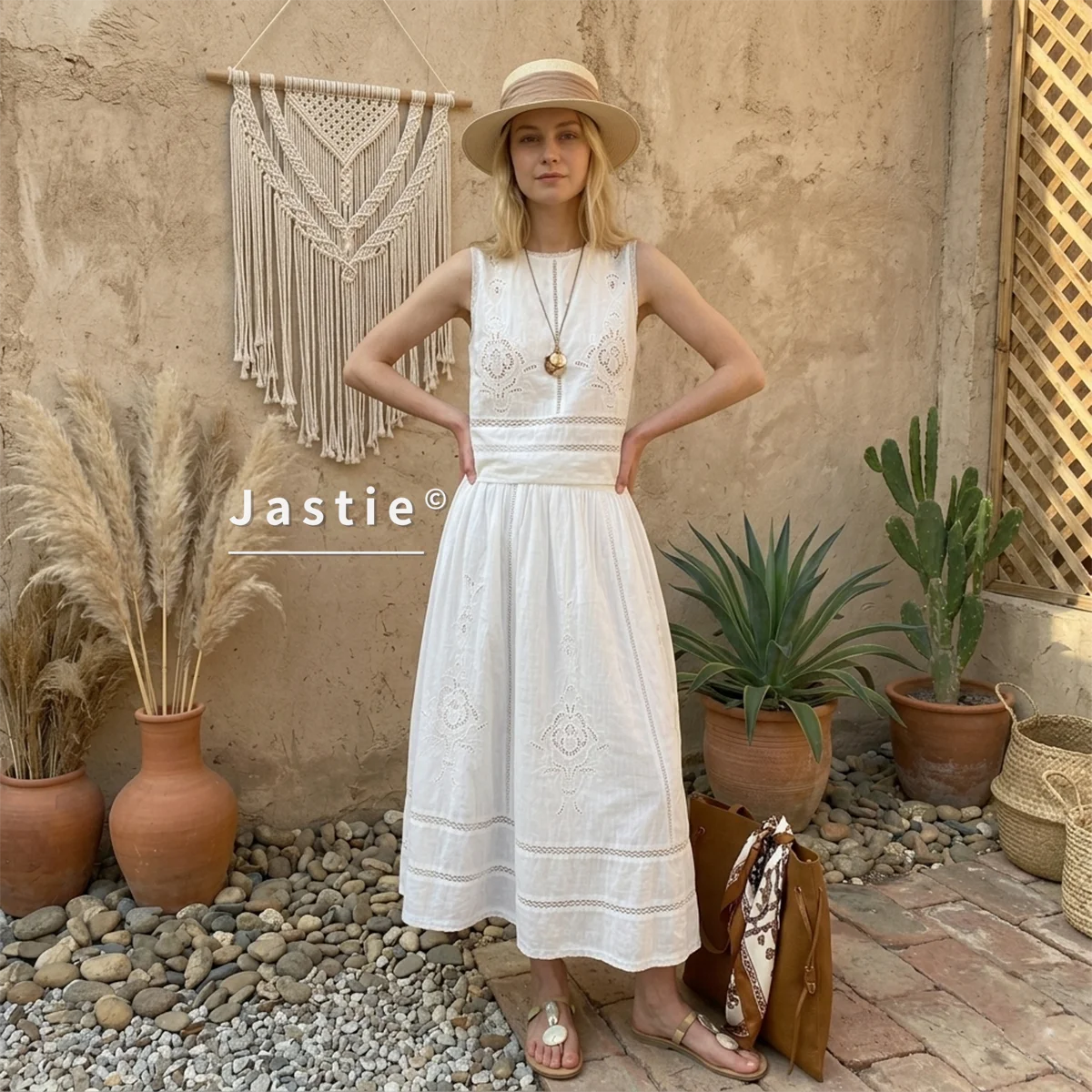 White Boho Embroidery Two Piece Dress Summer Linen Cotton Sleeveless Midi Skirt Set Women Casual Beach Vacation Outfits New