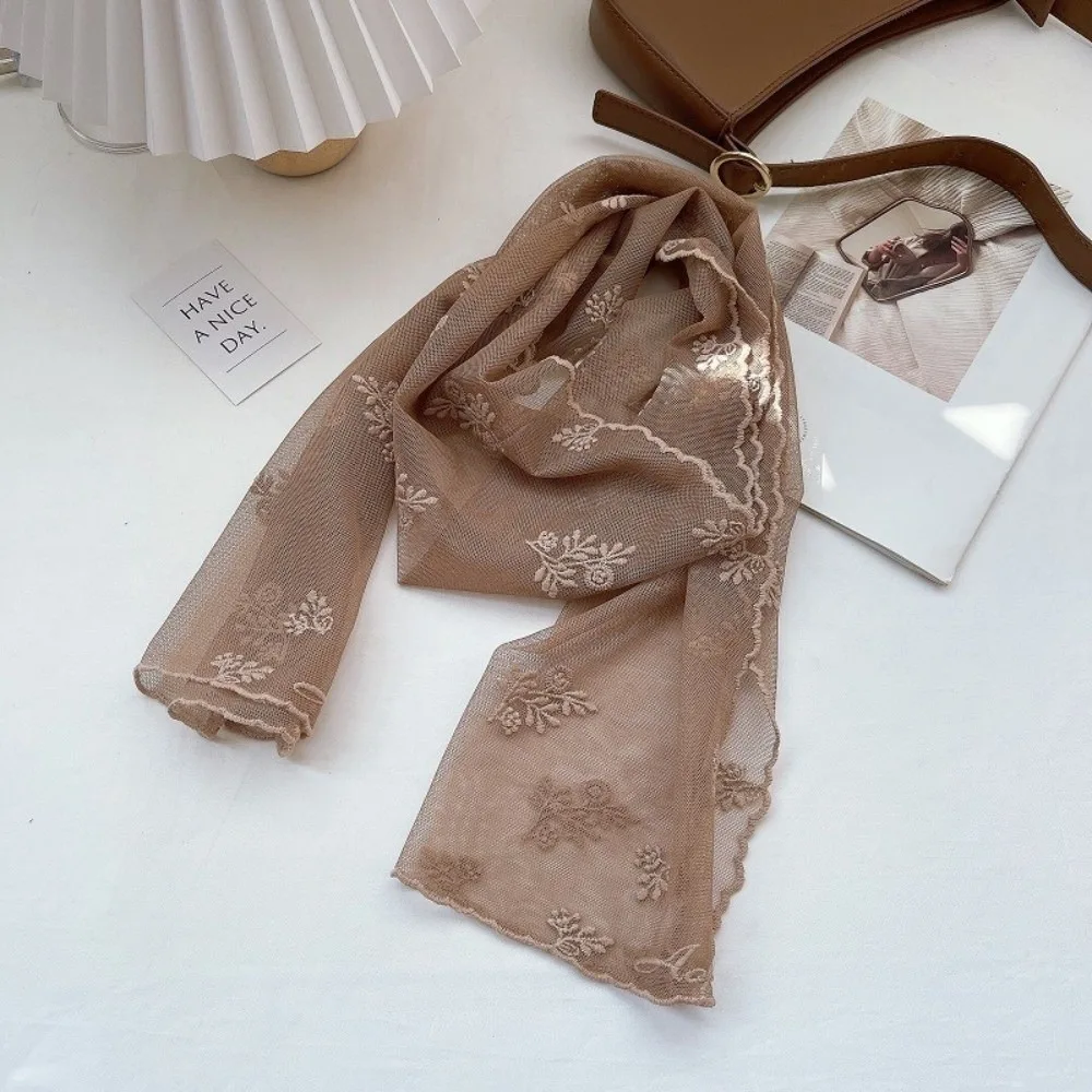 

Versatile Retro Women's Lace Scarf Solid Color Long Silk Scarf Korean Version Floating Embroidery Flower Female Headscarf