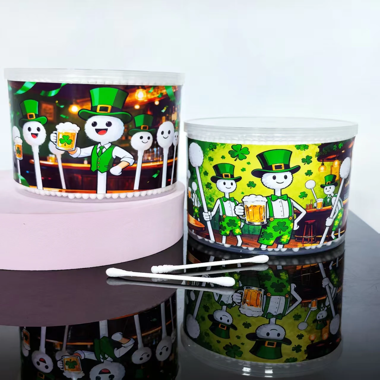 500/1000 قطعة من أعواد القطن برأسين لعيد القديس باتريك "مهرجان القبعة الخضراء" ذات طابع محظوظ برأسين، مسحات قطنية للمهرجانات