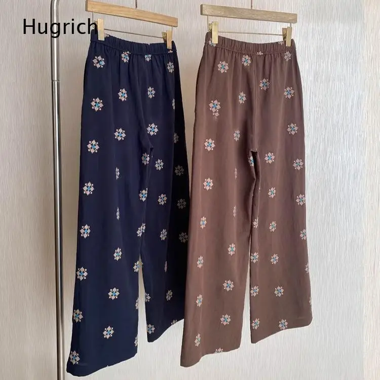 Geometric Floral Print Wide Leg Pants Elastic Waist White Drawstring Lightweight Loose Casual Home Loungewear Trousers