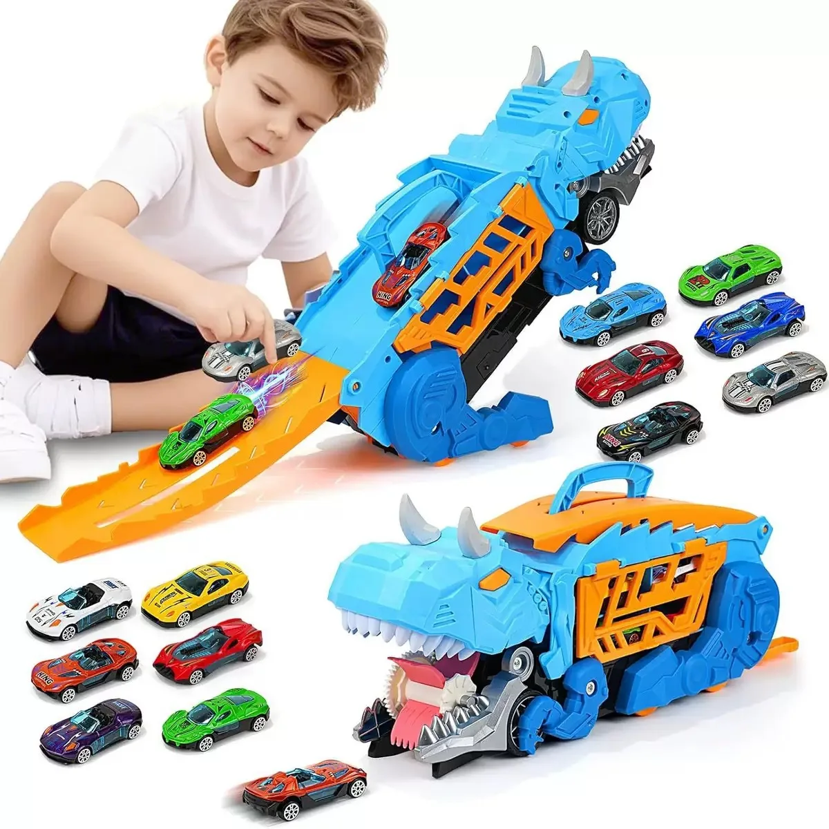 

Детский транспортный грузовик с динозавром, содержащий 6 легковых автомобилей, синий/зеленый автомобиль для хранения гоночной трассы с динозаврами, подарок для мальчика