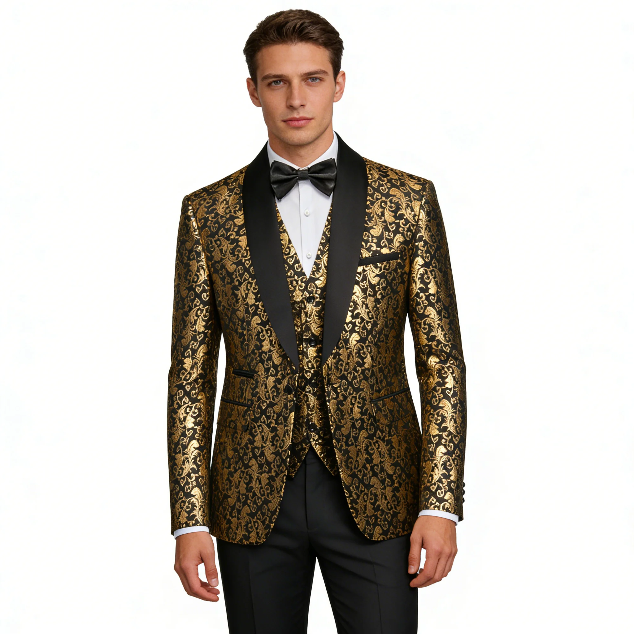 

Men's 2026 New 3-Piece Tuxedo Suit Set Gold Jacquard Satin Fabric Black Lapel Contrast Color Pants Formal Evening Party Prom Wed