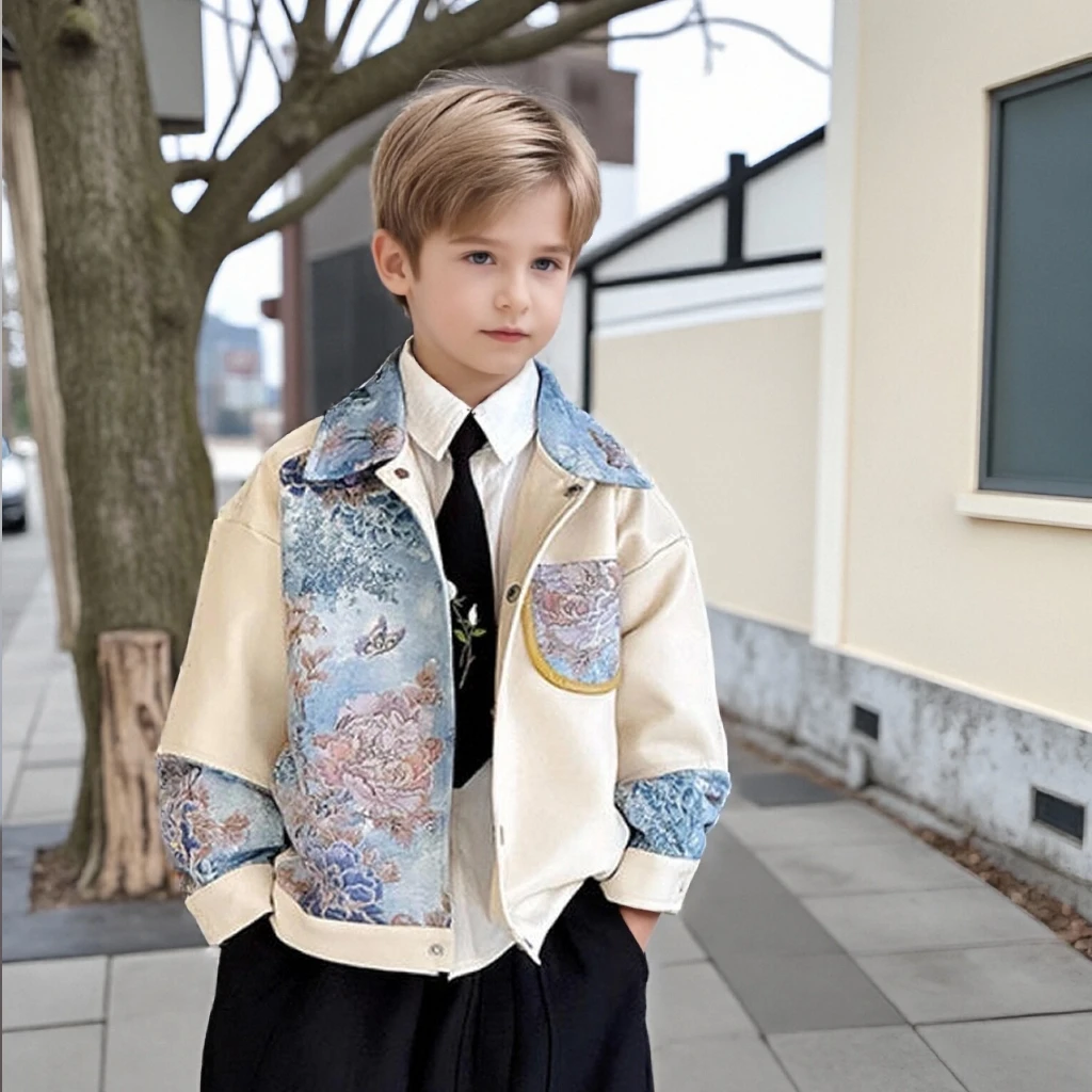 New 2026 Spring Kids Chinese Style Embroidered PU Leather Jacket School Boys Suit Floral Print Hip-Hop Coat Teen Boy Outerwear
