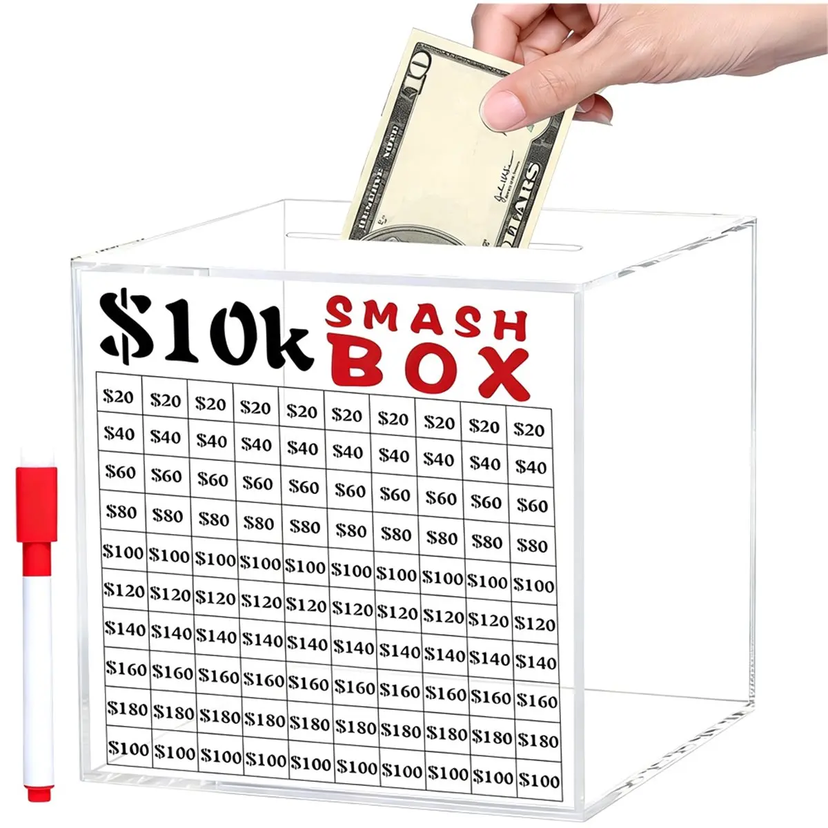 ABPP 10k Smash Box for Money,Unbreakable Piggy Bank for Adults Save 10000 Money Saving Challenge Box,Clear Acrylic Saver Box