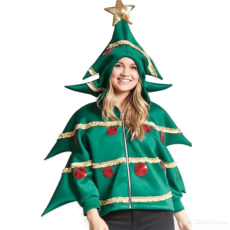 

2026 New Arrival Christmas Zip Up Long Sleeve Hoodie Women's Green Christmas Tree Performance Costume