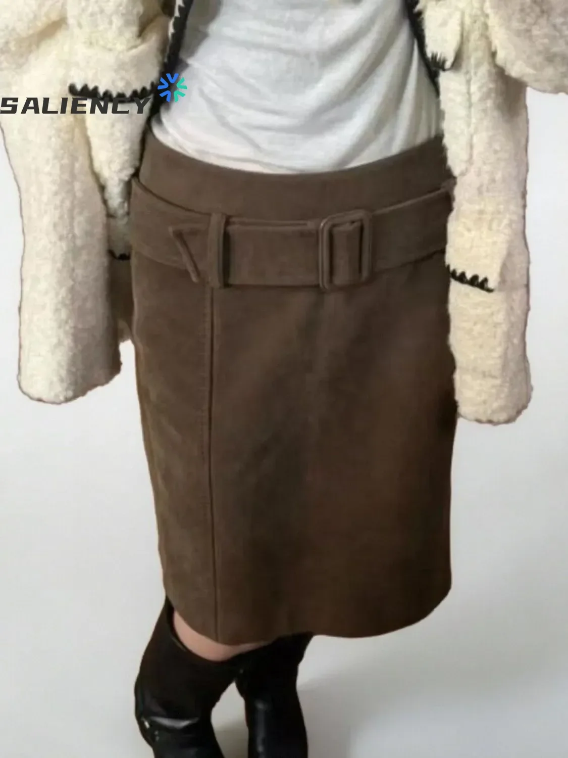 

SALIENCY Suede Midi Pencil Skirt Female Autumn Winter Fashion High Waist Office Lady Bodycon Vintage Skirts Saias