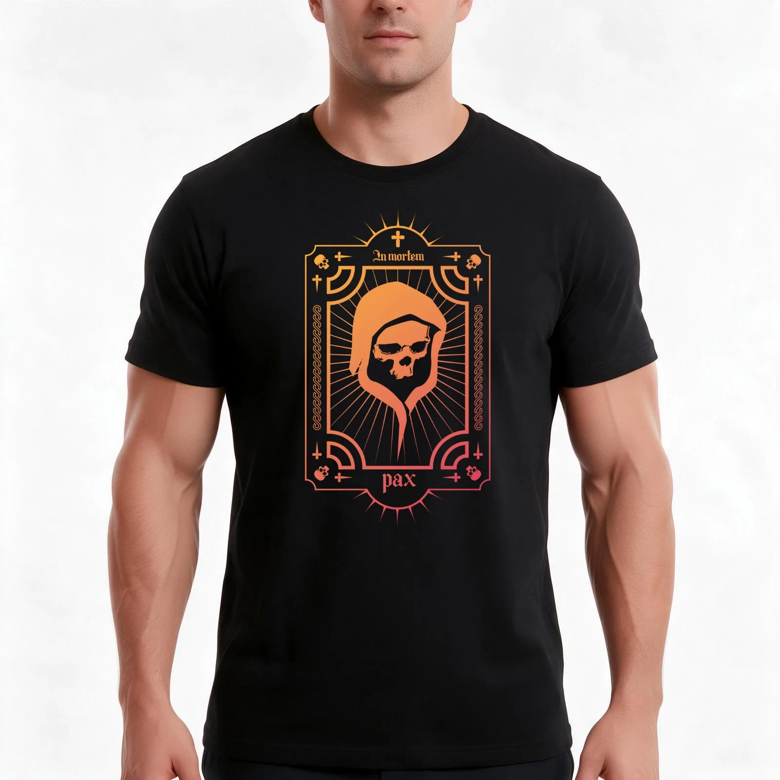 Pax In Mortem Orange T-Shirt, Summer Casual Cotton Tee, Oversized Streetwear Tops, Vintage Graphic Print, Loose Fit Short Sleeve