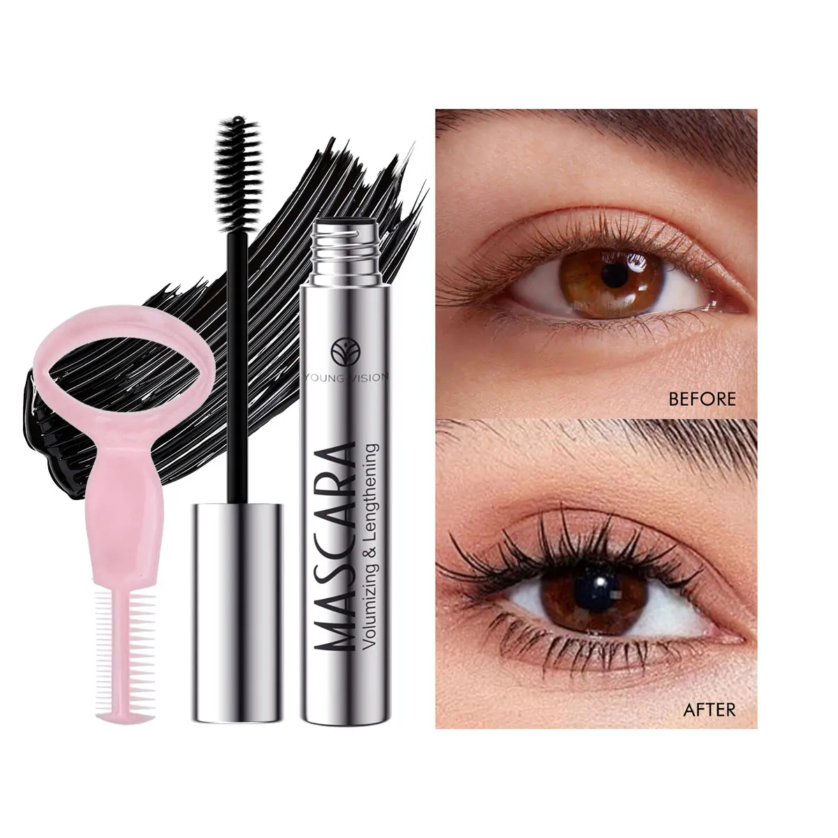 Máscara de pestañas YOUNG VISION + separador de pestañas, aplicación conveniente para pestañas separadas y definidas, máscara de sujeción duradera resistente al agua