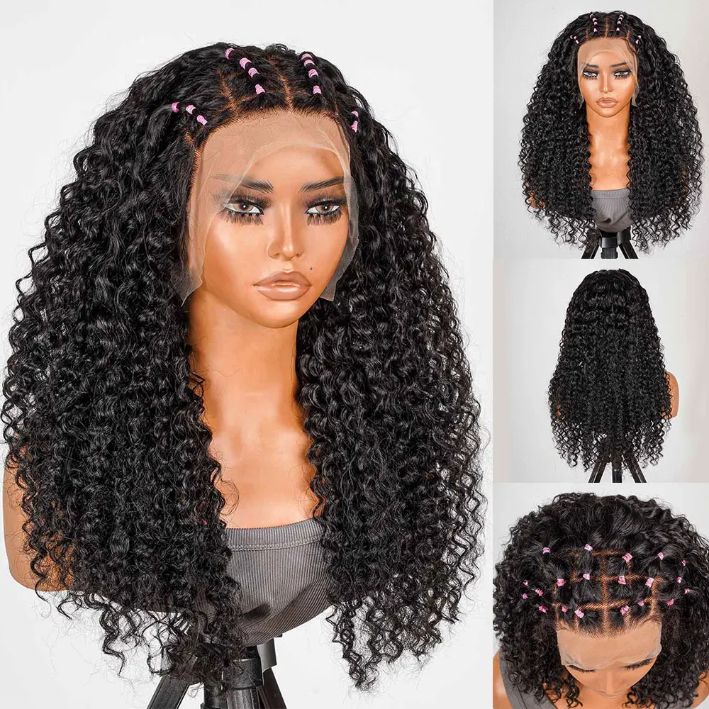 

200% Density 13x4 HD Lace Frontal Wig Pre-Blucked Pre-Bleached Pre-Cut Jerry Curly Wavy Braid Wig Natural Black Color Human Hair