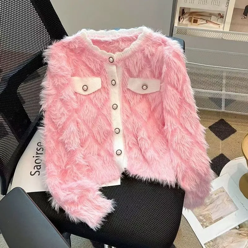 Luxury Autumn Winter Furry Soft Knitted Sweater Women Jacket Single-breasted Elegant Office Lady Short Cardigan Sueter Mujer New