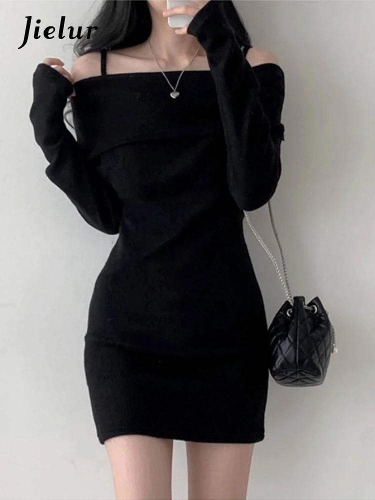 Jielur Autumn New Solid Color Sexy Women Dress Sweet Ladies Elegant Chic Dress Woman Black Grey Knitted Tight Hip Dresses Female