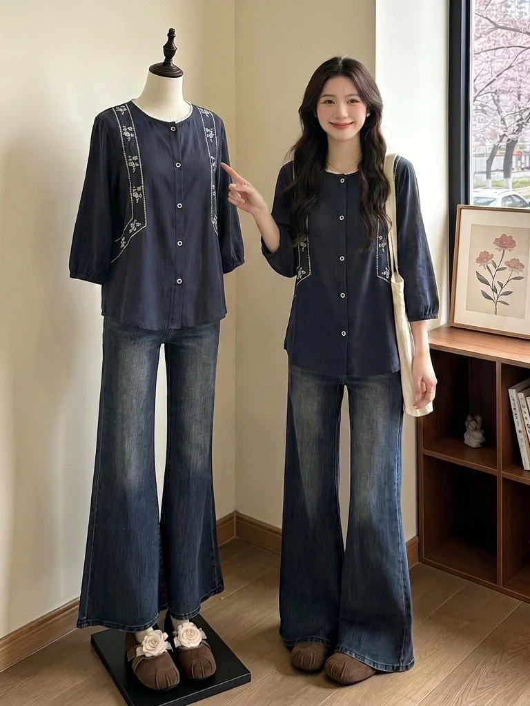 

Elegant Embroidered Short Sleeve Shirt Women's plus Size Slimming Belly Covering Top Korean Style Commute Fashion Summer New ...
