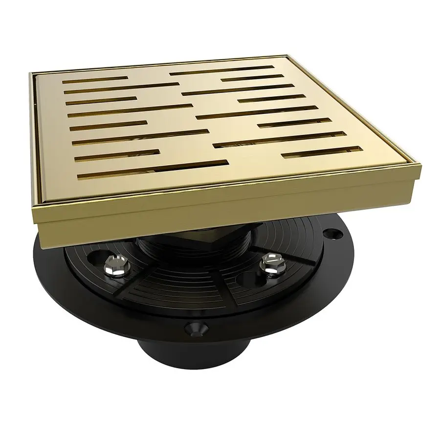 

6 Inch Square Shower Drain Gold Floor Drain with Flange Rainline Pattern Cover Grate Removable SUS304 Stainless Steel Watermarka