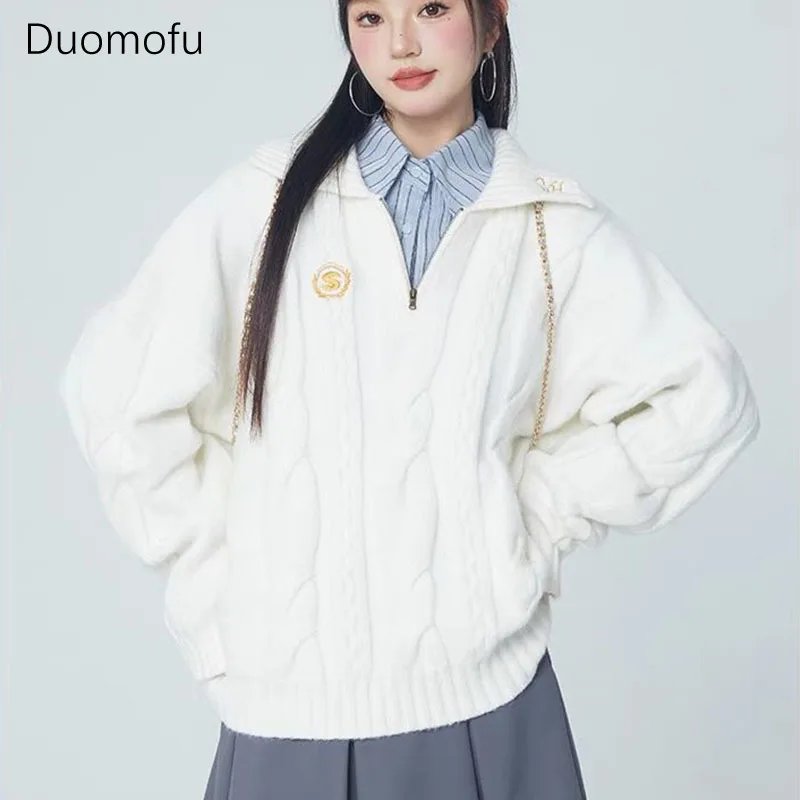 Duomofu-suéter de punto coreano para mujer, jersey de manga larga holgado que combina con todo, Top informal con cremallera para estudiantes, otoño