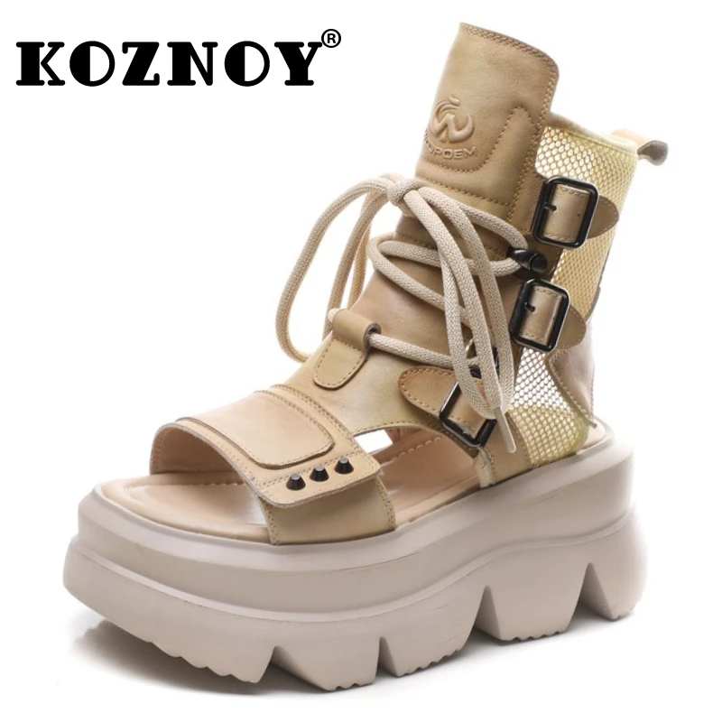 

Koznoy 7cm Air Mesh Ethnic Cow Genuine Leather Platform Wedge Breathable Zip Summer Ankle Booties Hollow Women Sandals Shoes
