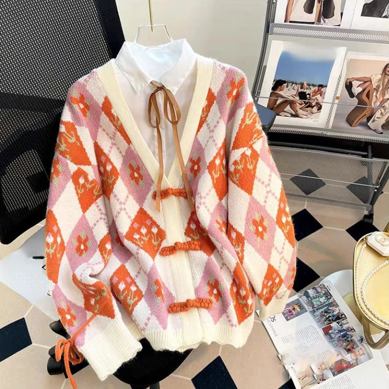 Oversized Chinese Styl Sweaters Button Argyle Long Sleeve Knit Cardigan 2023 Autumn Lazy Style Loose Vintage Women's Clothing