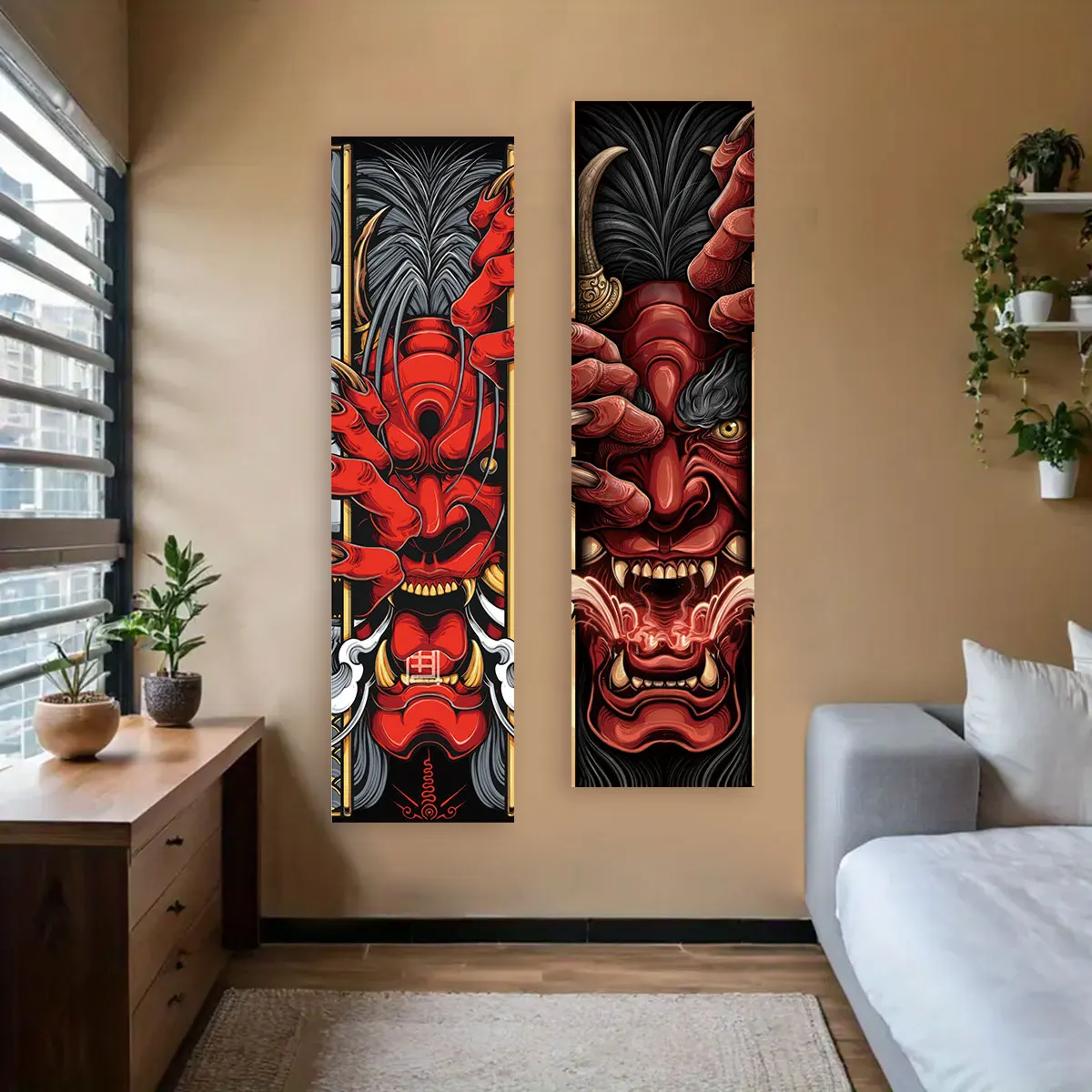 Tapiz vertical con máscara de demonio rojo Tengu japonés, tapiz con estampado de máscara Oni misteriosa, tapiz artístico para colgar en la pared, decoración para el hogar y la habitación