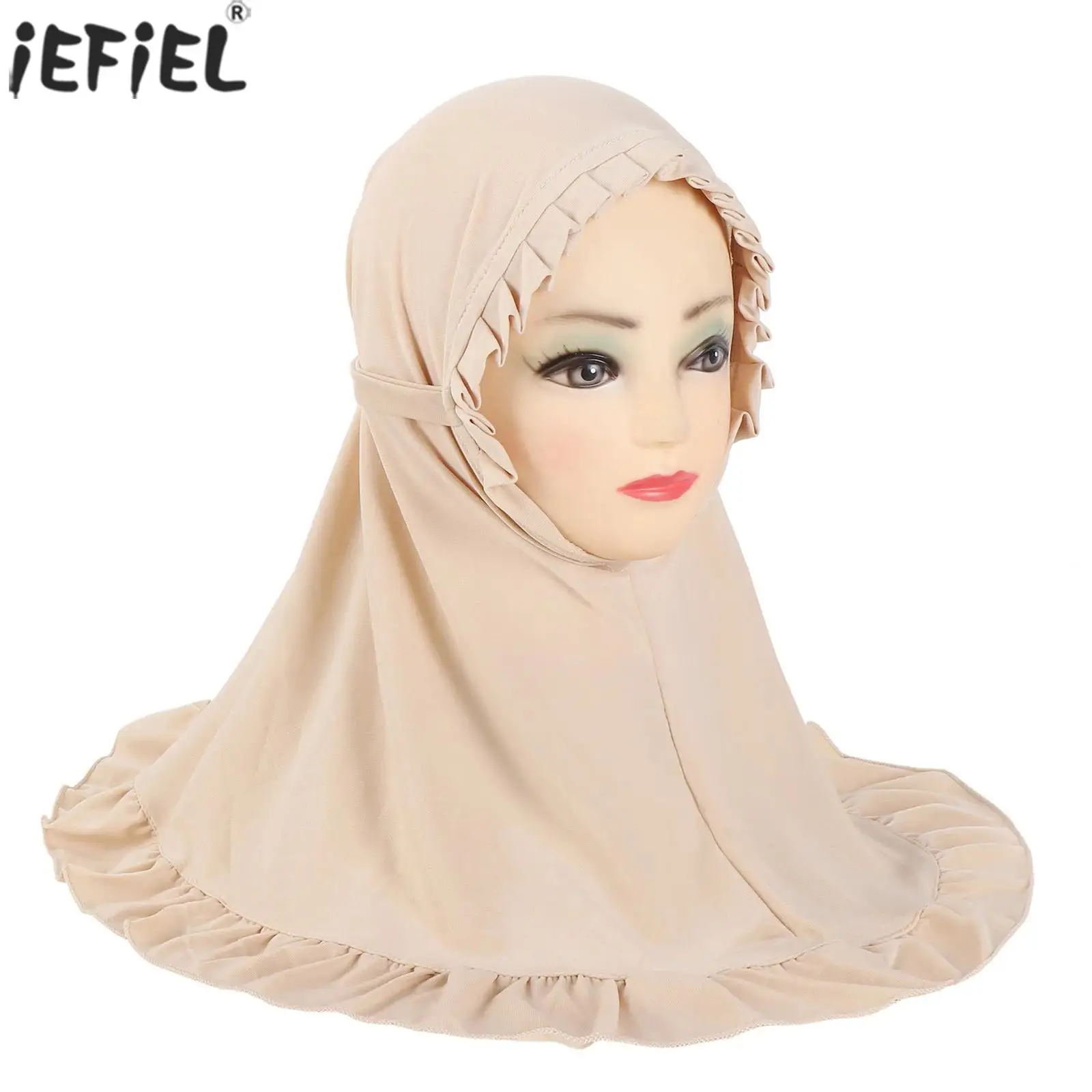 

Baby Girls Cute Solid Color Ruffled Self-tied Strap Hijab Head Scarf with Crinkles Kids Muslim Shawl Turban Headscarf Daily Wear