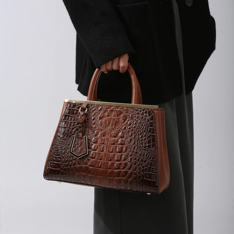 Sac à main en cuir d'alligator pour femme, sac à bandoulière initié, fourre-tout de créateur classique, marron et violet, marque de luxe, haute qualité