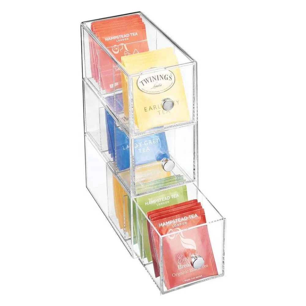 Acrylic Clear Multi-Dividers Organizer Stackable 3 Drawers Tea Bag Acrylic Storage Box