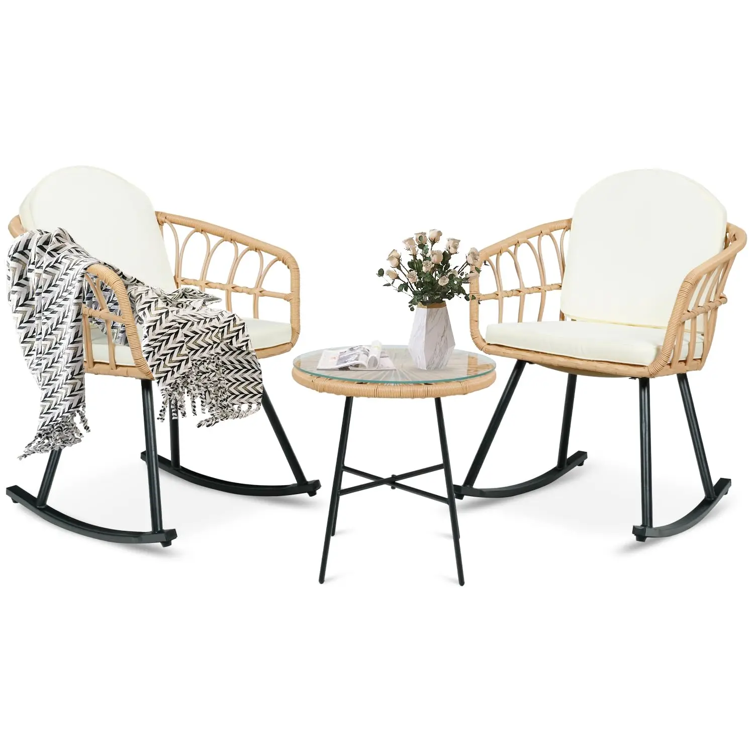 

Комплект из 3 кресел-качалок - Уличные плетеные кресла-качалки из ротанга с утолщенными подушками, мебель для патио в стиле бохо, на заказ