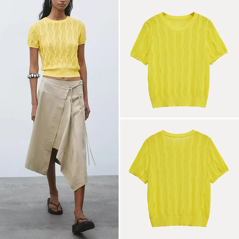 

Z Women's Knitted Texture Top Street Sle Slim Fit Polyester Fiber ort Sve round Ne Regular Length Summer New Ar...