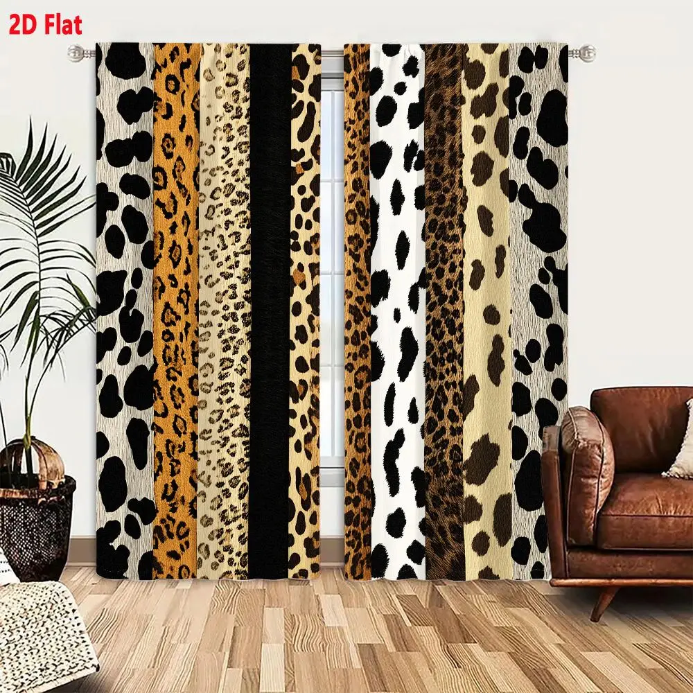 2Pcs Curtains 2D Flat Ten Vertical Animal Print Strips Featuring Leopard Cheetah And Wild Cat Patterns Window Drapes for Bedroom