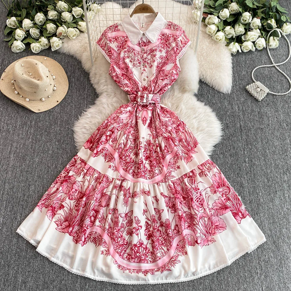 

Summer New Women's French Romantic Retro Vacation Style Printed Medium To Long A-line Waist Swing Streetwear Dress with belt