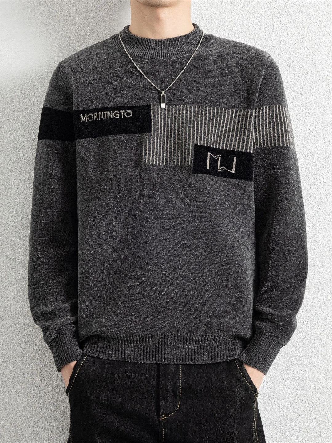 

Men's Fce Lined Knitted Sweater Thiened round Ne Warm Winter Faion Ci Sle Long Sve Regular Fit Straight Tube