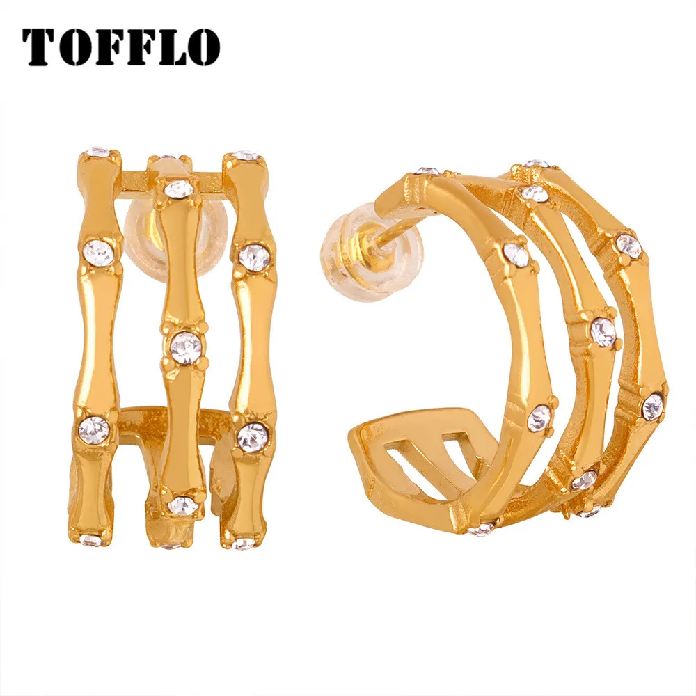 

TOFFLO Stainless Steel Jewelry Bamboo Joint Splicing Design With Zircon Inlaid C-Shaped Earrings BSF983