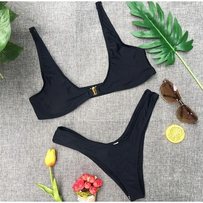 Conjunto de Bikini Sexy de Cintura Baja con Tanga en V, Traje de Baño de Color Sólido para Mujer, Ropa de Playa para Vacaciones de Verano