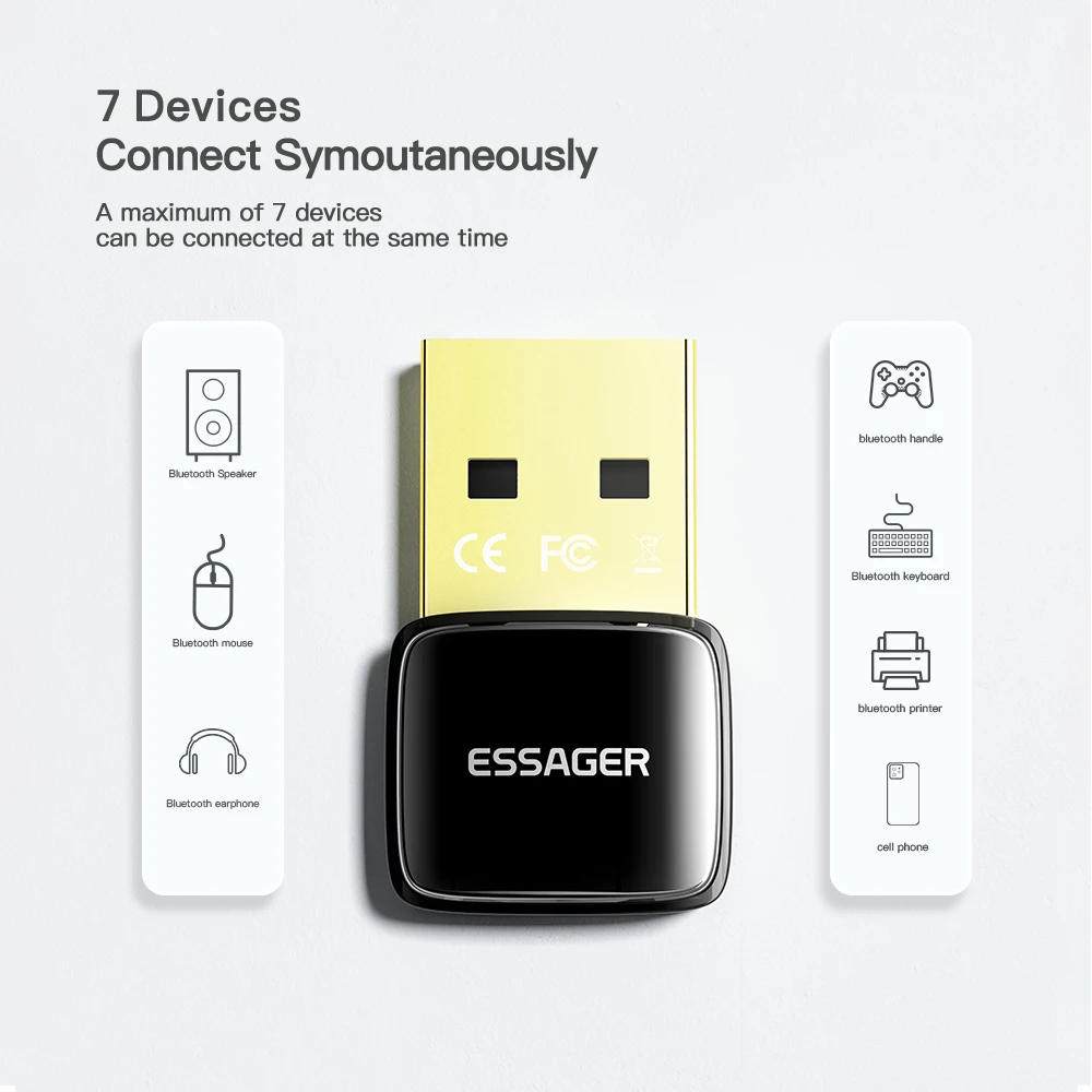 Essager USB Bluetooth 5.0 Adapter Dongle for PC Laptop Speaker Wireless Mouse Earphone Music AUX Audio Receiver Transmitter