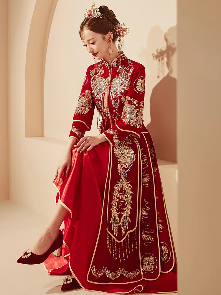 

New 2025 Velvet Wedding Dr for Women Heavy Embroidery Chinese Sle Wedding Gown High End Bride Dr