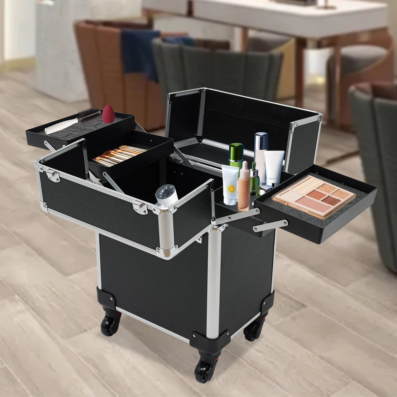 Cosmetics Makeup Trolley Case Rolling Train Case Organized Aluminum Barber Case for Hairstylist Makeup Nail Tech Salon with Keys