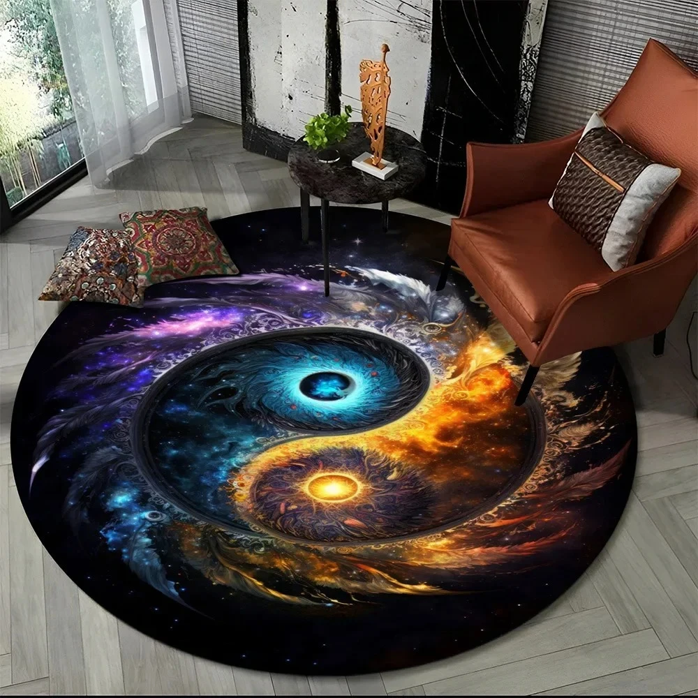 Round Tai Chi Theme Pattern Area Rug Universe Dragon Mat Non Slip Soft Stylish Colorful for Living Room Bedroom Home Decor