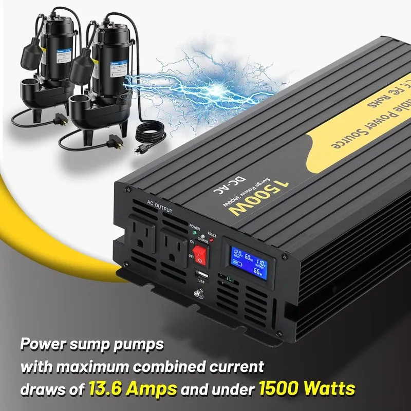 1500 W Primär-Sump-Pumpenbatterie-Backup, Basisschutz-Sump-Pumpen-Wechselrichter, Schwarz, LCD-Display, automatische Schalter