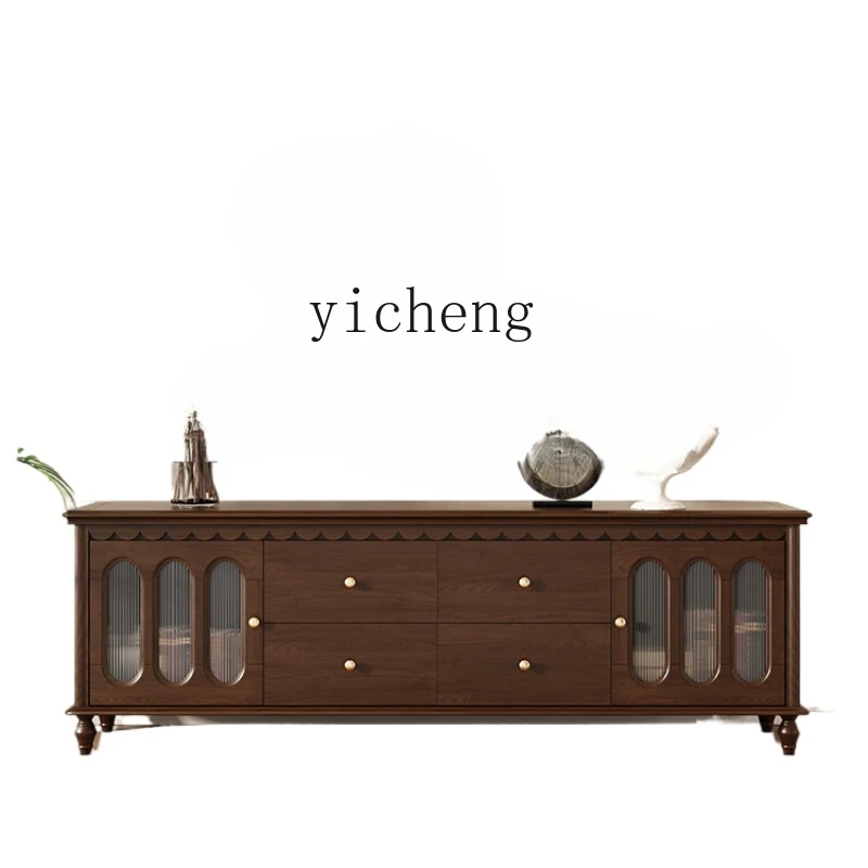 ZC TV Cabinet and Tea Table Complex Combination Ancient Solid Wood High Living Room Storage Cabinet Walnut Color Floor Cabinet