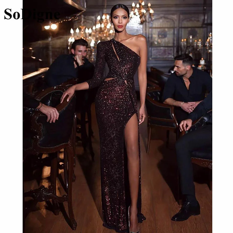 SoDigne Sexy Sequined Black Mermaid Prom Dresses One Sleeves Long Party Evening Dress Women Side Split Fasion Vestido De Gala