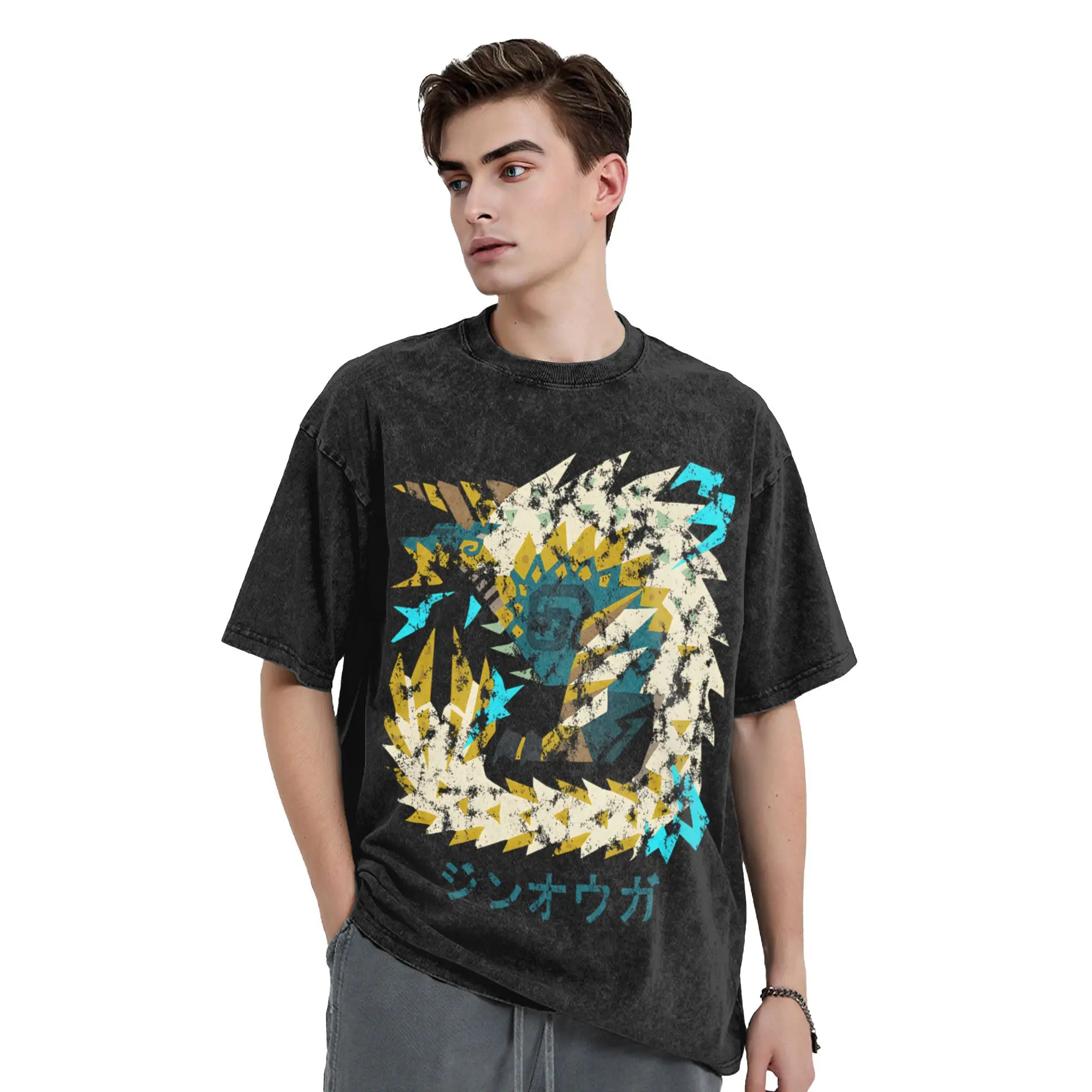 

Monster Hunter World Iceborne Zinogre Kanji Washed T-Shirt Men Y2K Cotton T Shirts Summer O-Neck Trending Tees Oversized Tops