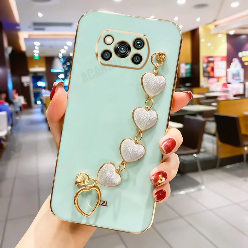 Pocox3 Nfc Love Heart Bracelet Case For Xiaomi Mi Poco X3 M4 X4 Pro 5g X3pro M4pro 4g F3 Chain Plating Silicone Cover Poko X4pro